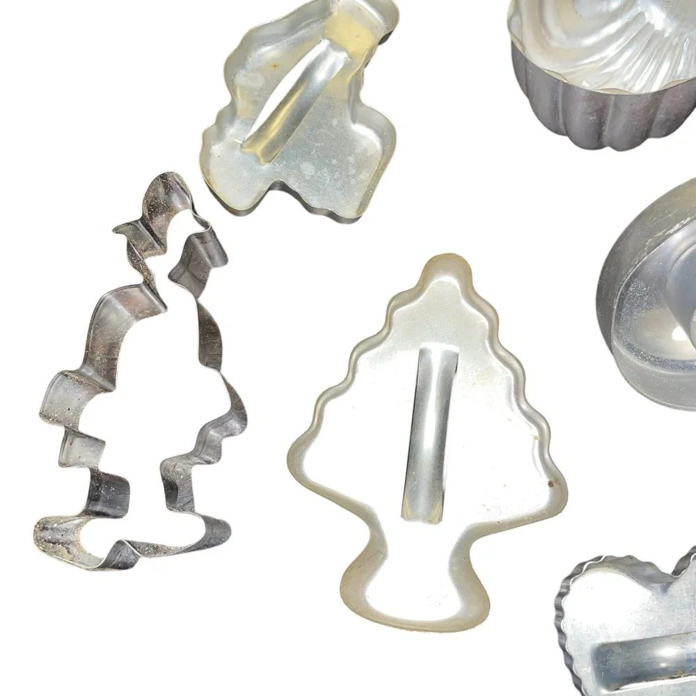 7 Vintage Cookie Cutters and Molds Christmas‎ Tree Santa Heart Aluminum